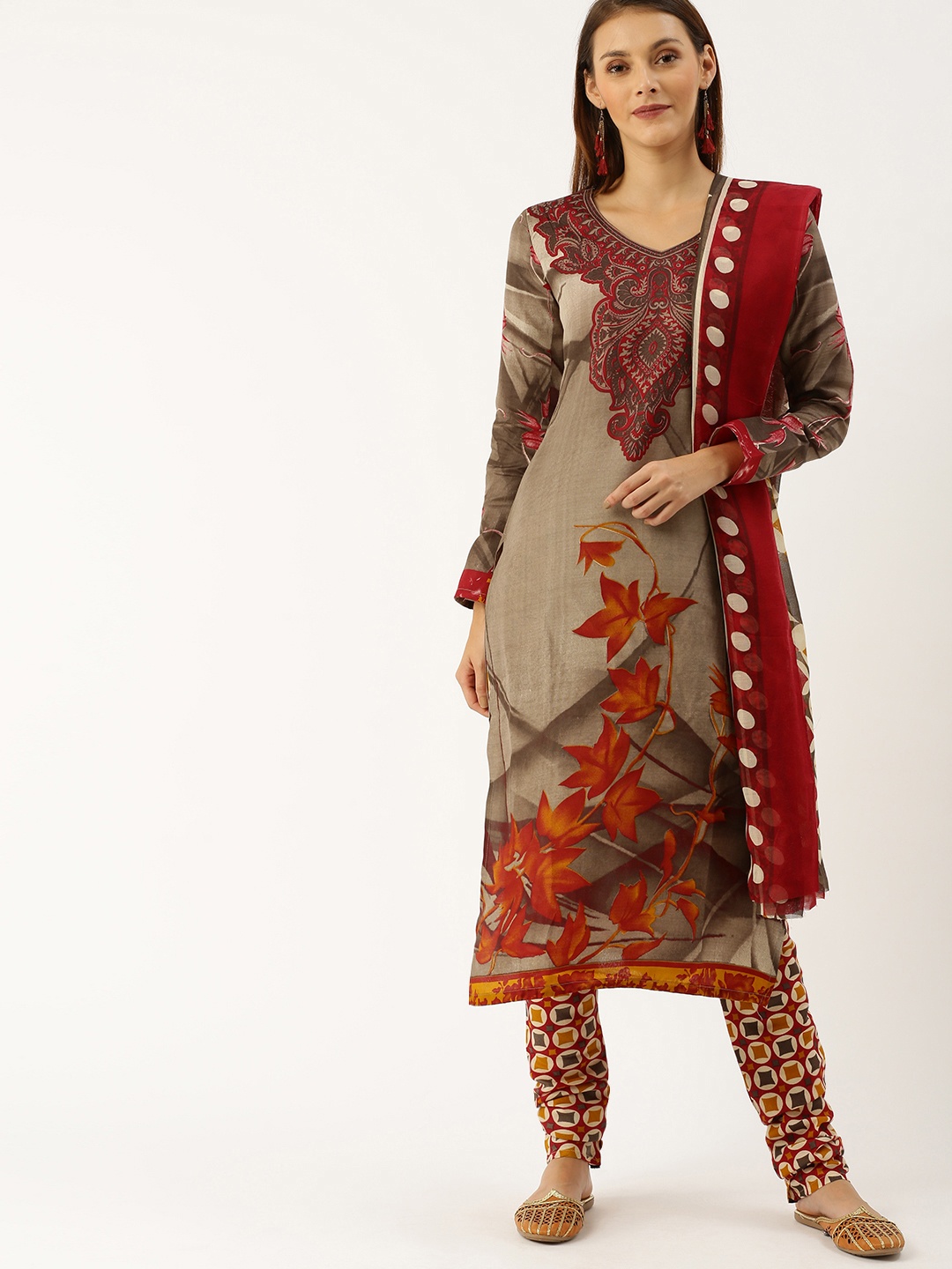

Rajnandini Taupe & Red Cotton Blend Printed Unstitched Dress Material