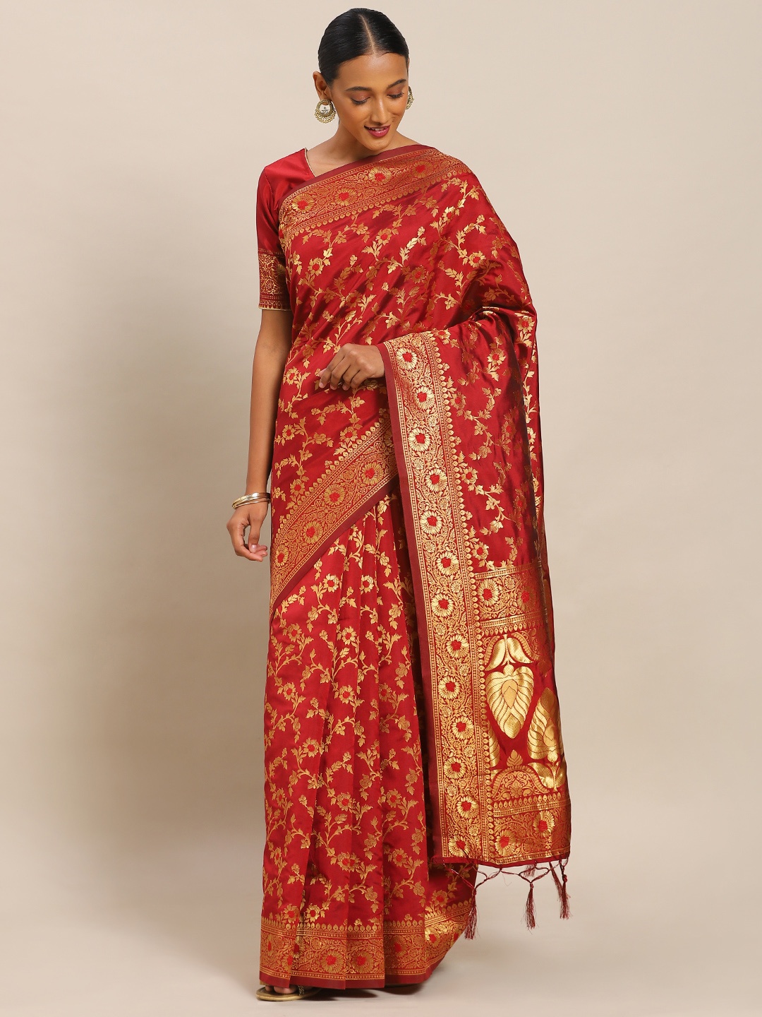 

Mitera Maroon & Gold-Toned Art Silk Woven Design Banarasi Saree