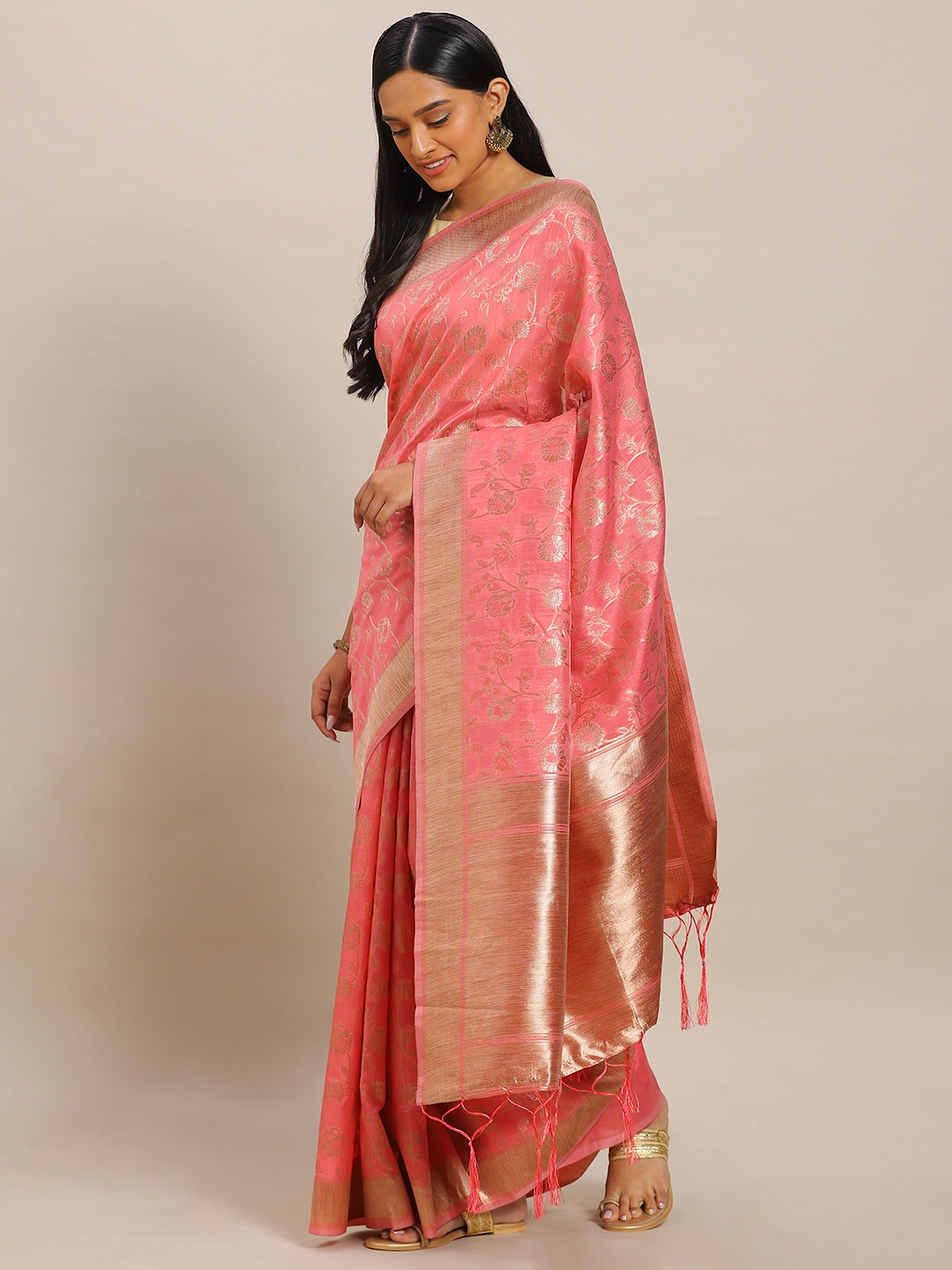 

Mitera Pink & Gold-Toned Art Silk Woven Design Banarasi Saree