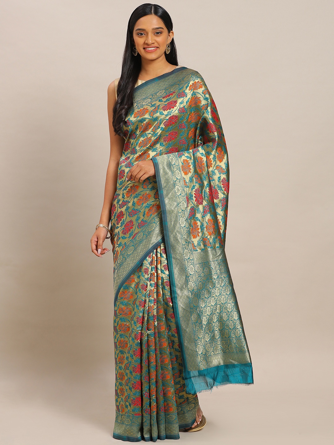 

Mitera Teal Green & Orange Art Silk Woven Design Banarasi Saree