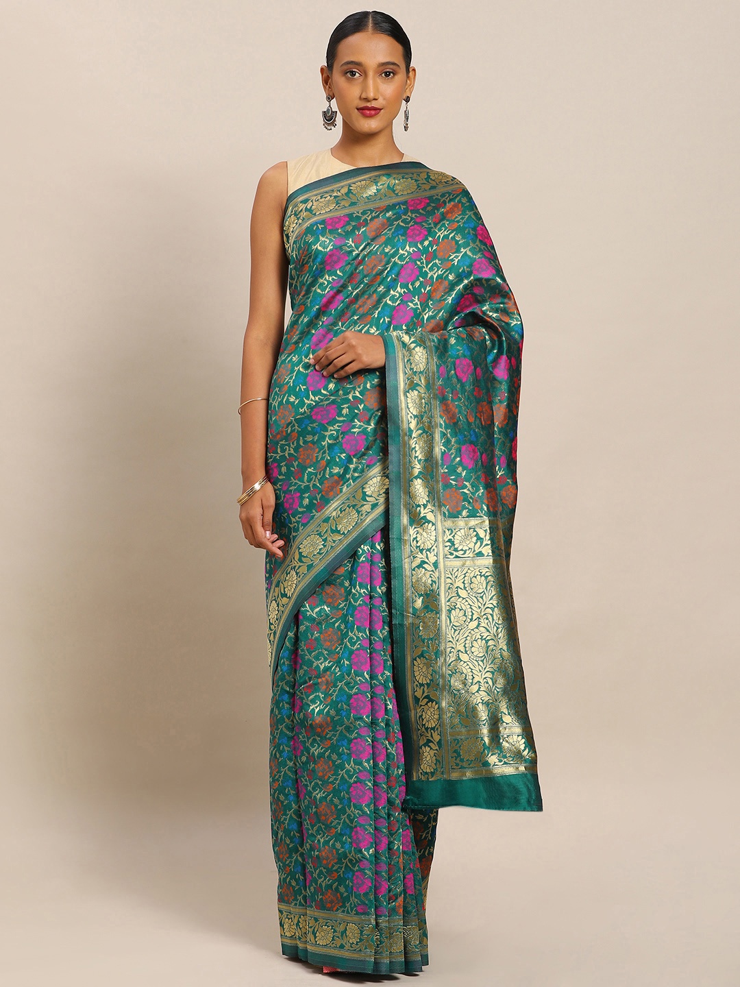 

Mitera Teal Green & Pink Art Silk Woven Design Banarasi Saree