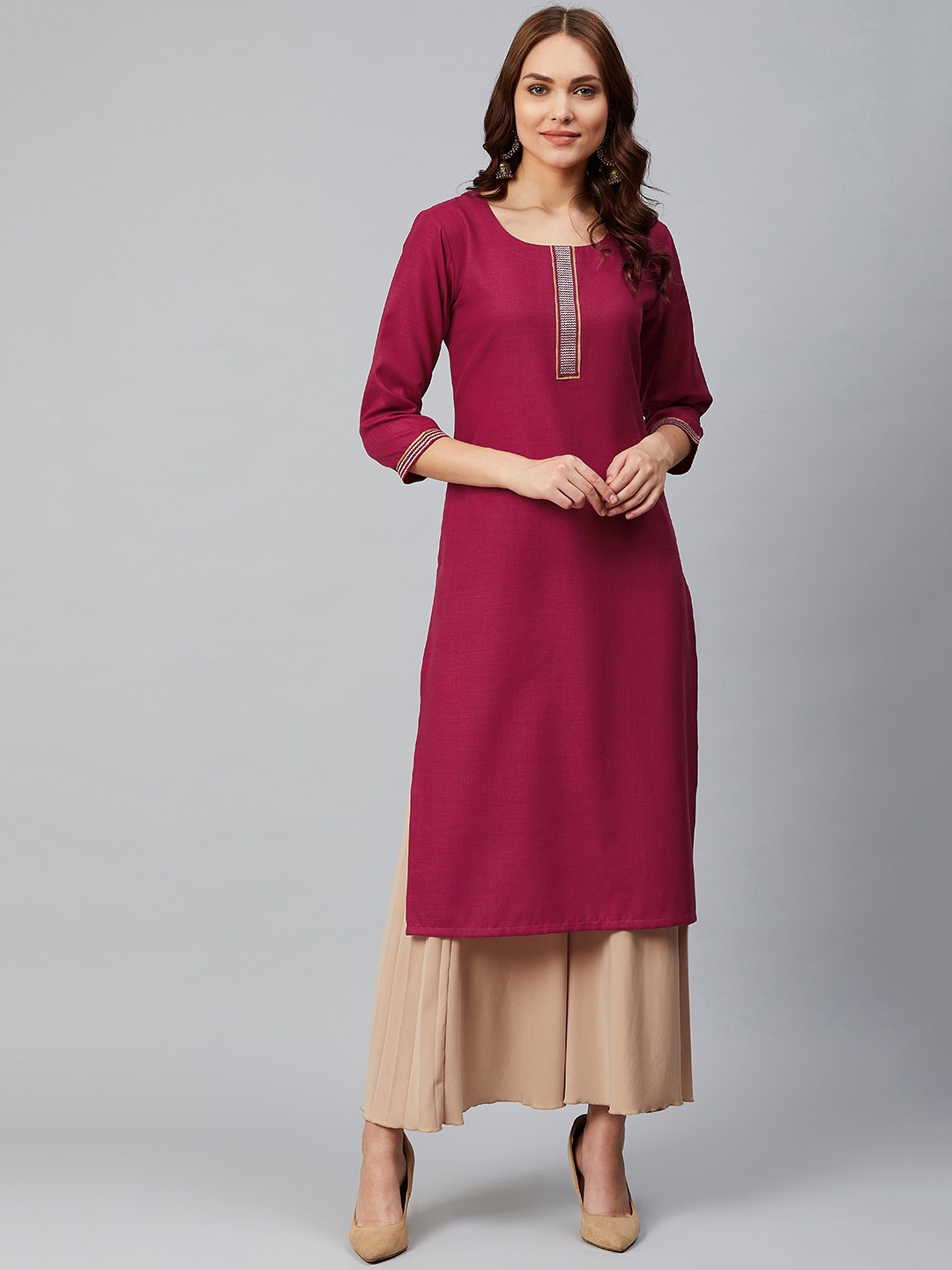 

KSUT Women Maroon Solid Straight Kurta