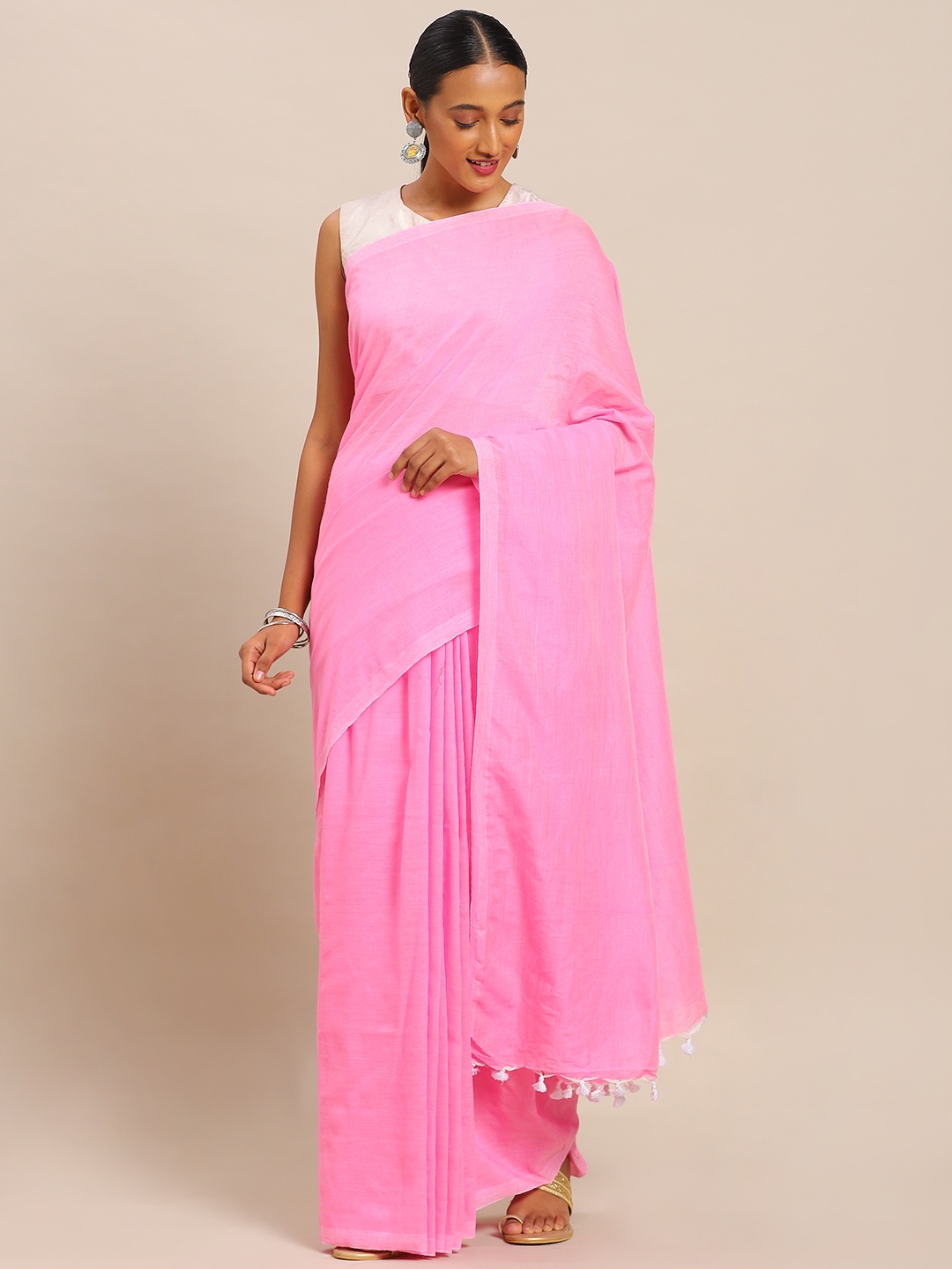 

Mitera Pink Pure Cotton Solid Khadi Saree