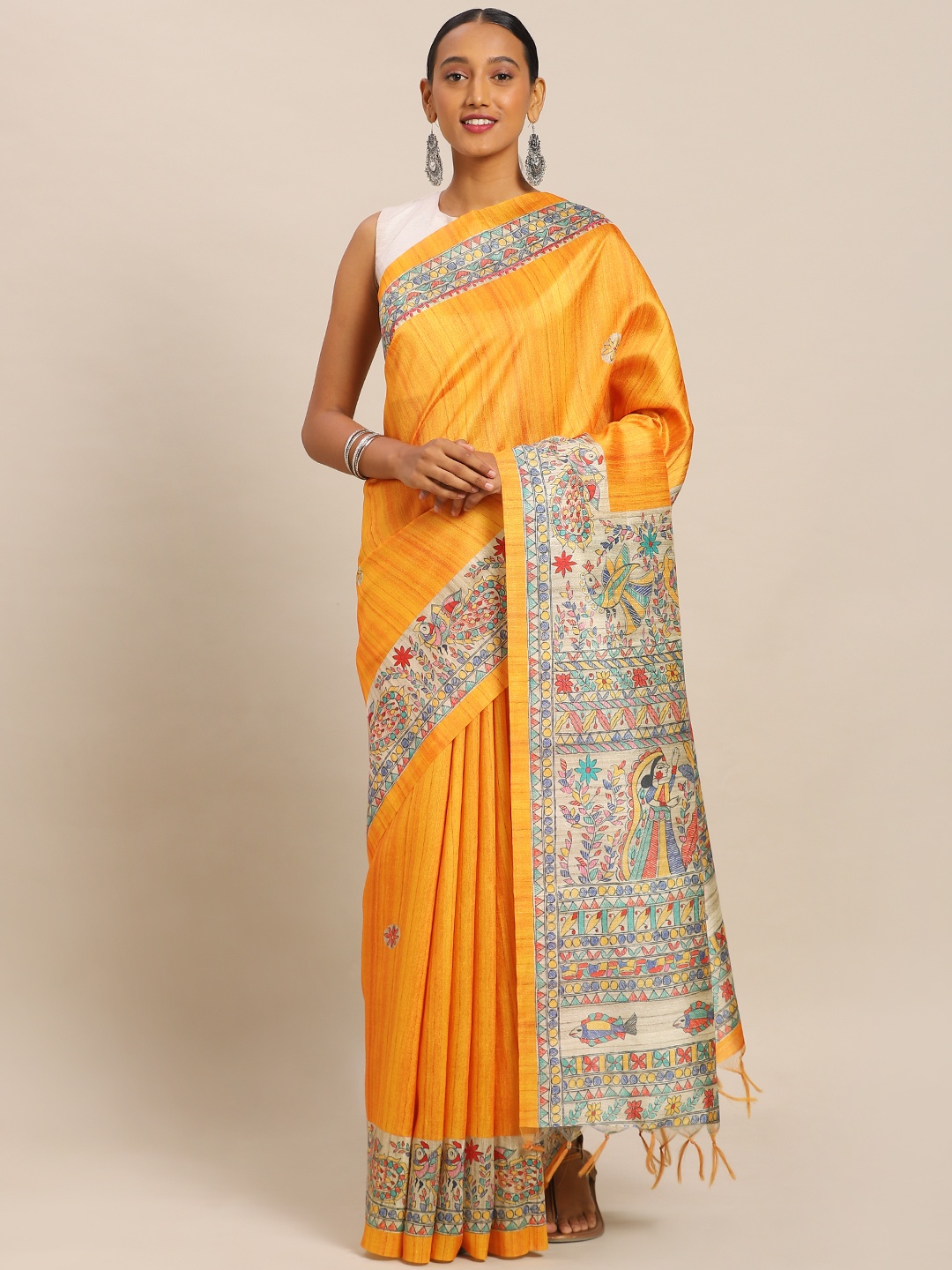 

Mitera Orange Pure Silk Printed Tussar Saree