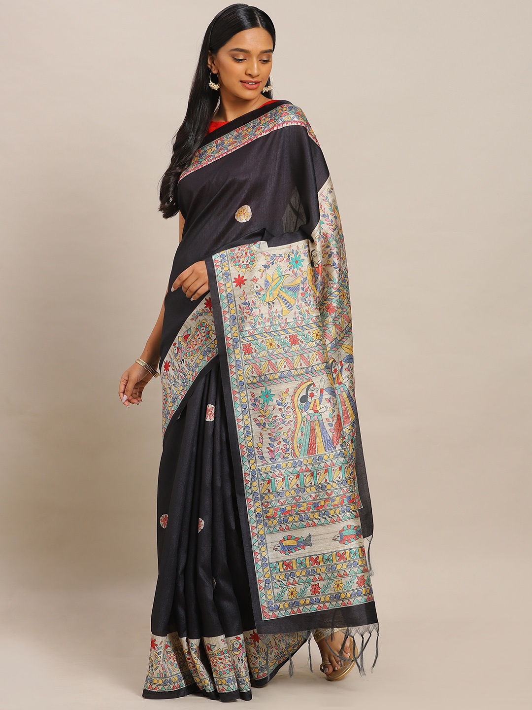 

Mitera Black & Beige Pure Silk Madhubani Printed Tussar Saree