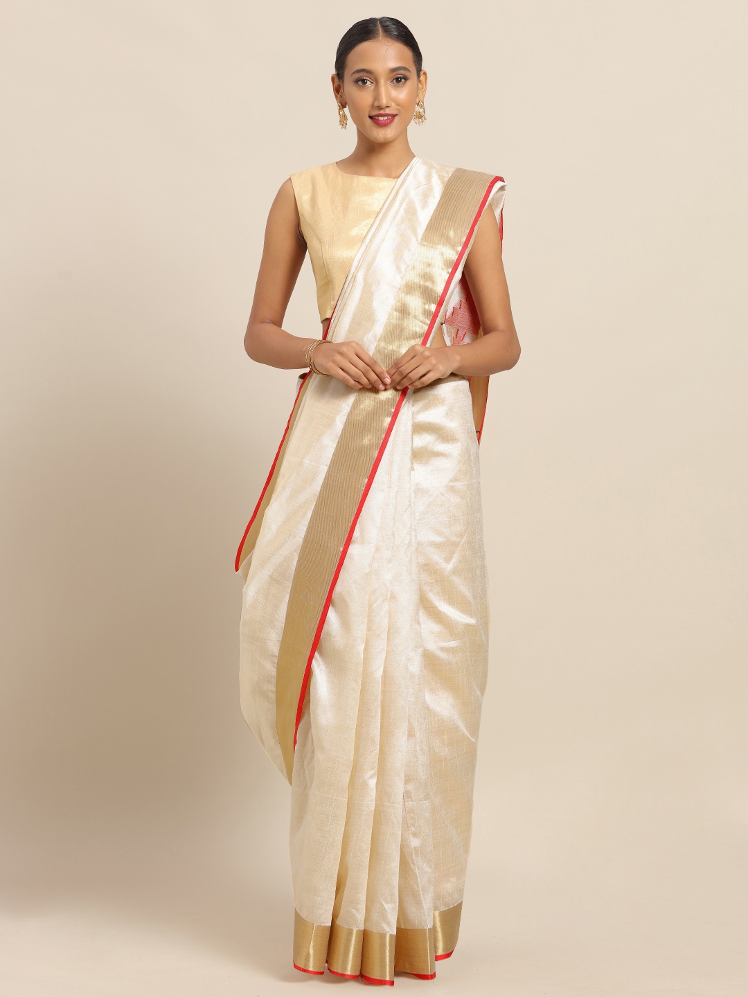 

SALWAR STUDIO Cream-Coloured Solid Pure Cotton Saree