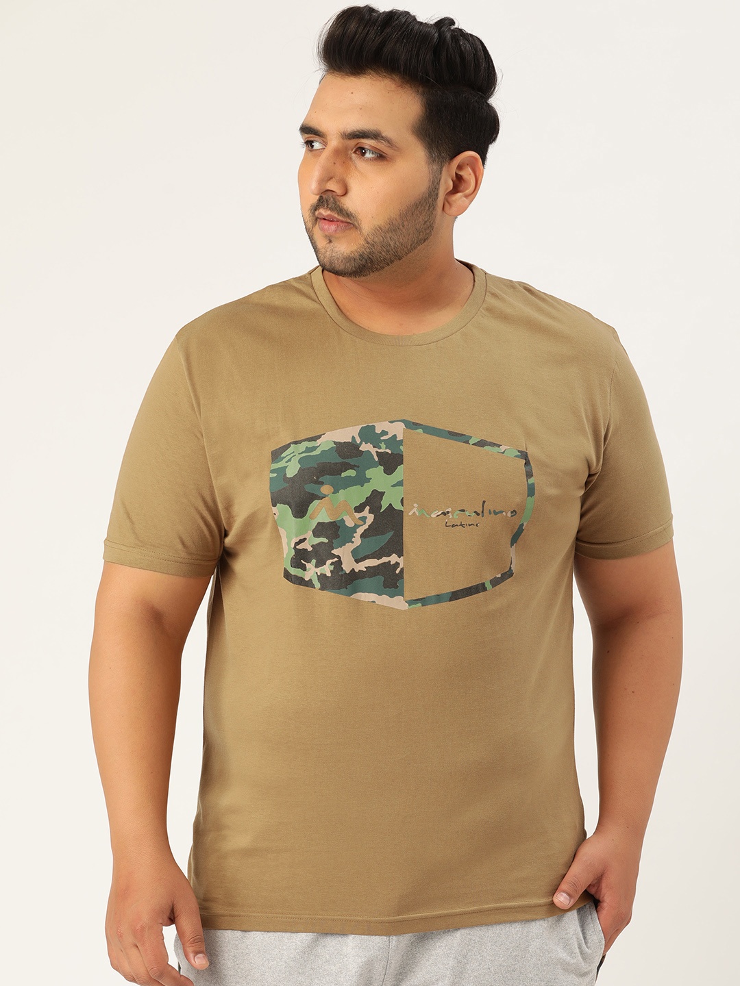 

Masculino Latino Men Khaki Green Abstract Printed Round Neck Gym Pure Cotton T-shirt