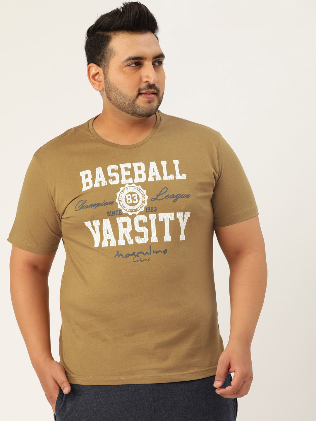 

Masculino Latino Men Khaki Printed Round Neck Pure Cotton T-shirt