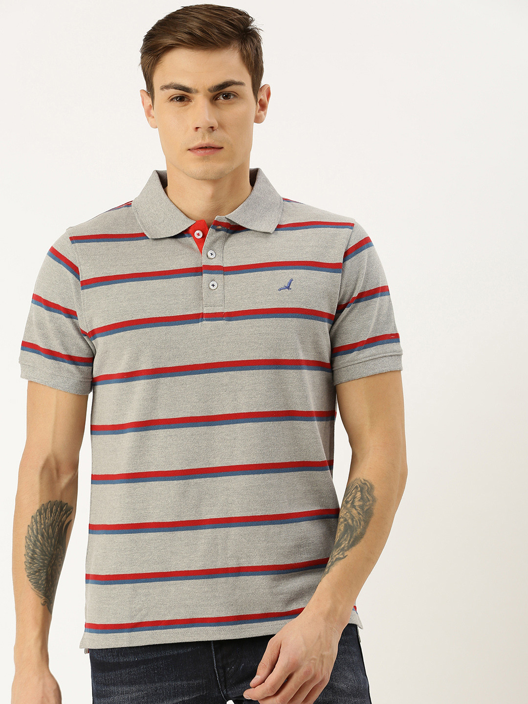 

American Crew Men Grey Melange & Red Striped Polo Collar T-shirt