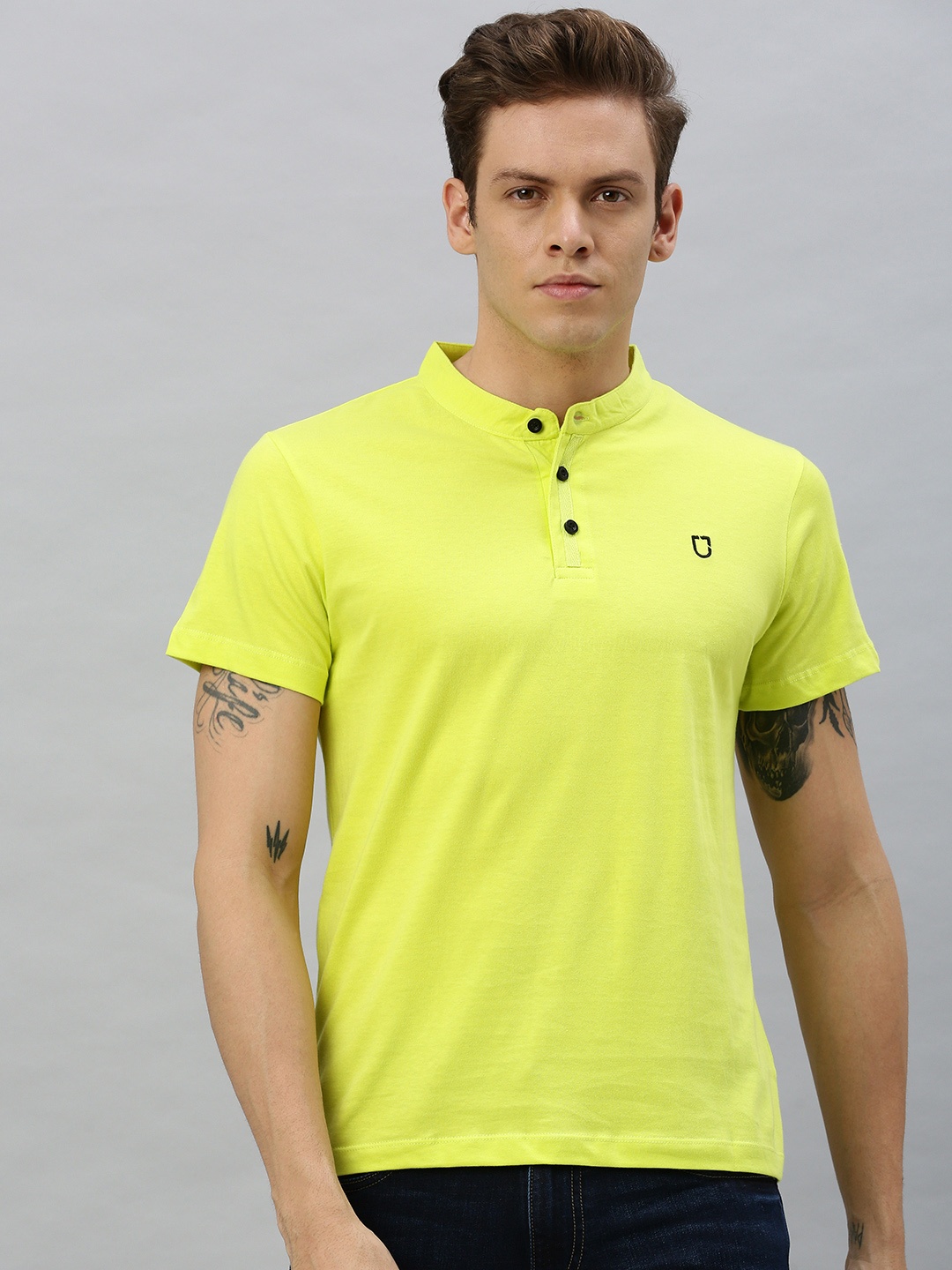 

Urbano Fashion Men Yellow Solid Mandarin Collar Pure Cotton T-shirt