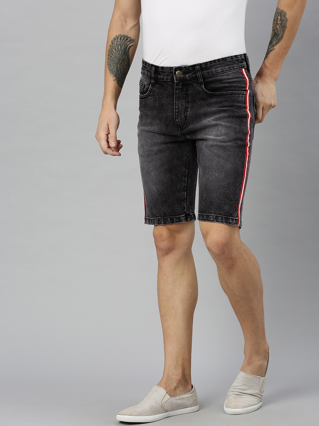 

Urbano Fashion Men Black Washed Slim Fit Side Striped Denim Shorts