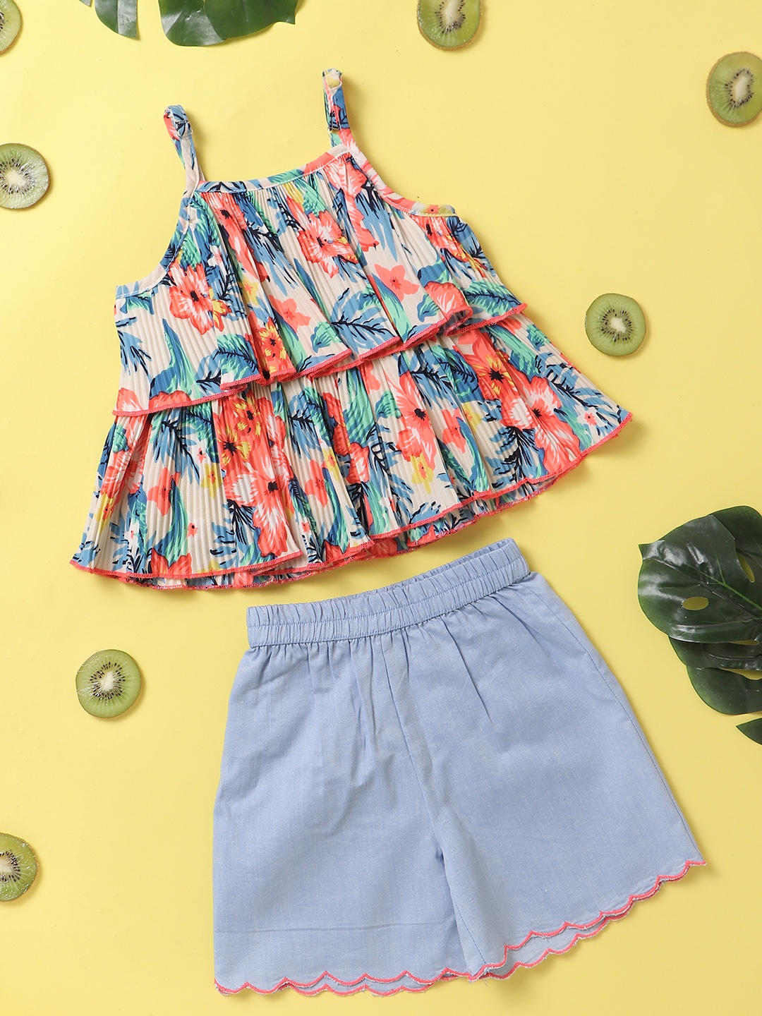 Nauti Nati Girls Blue & Coral Orange Printed Top & Solid Shorts