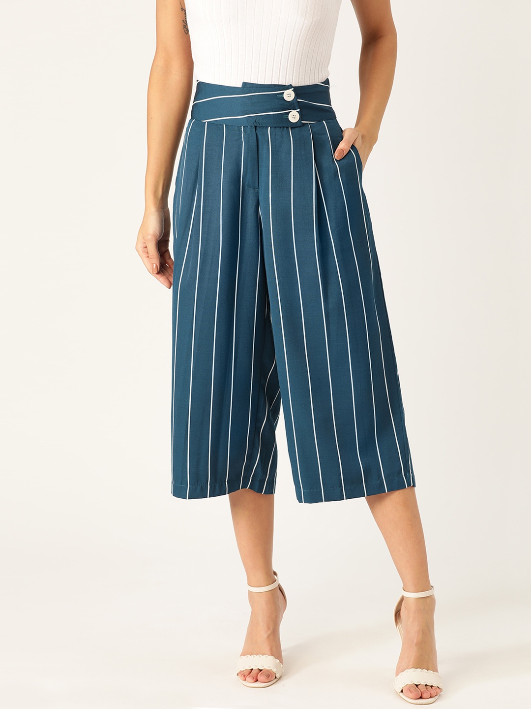 

Antheaa Women Teal Blue & White Loose Fit Striped Culottes