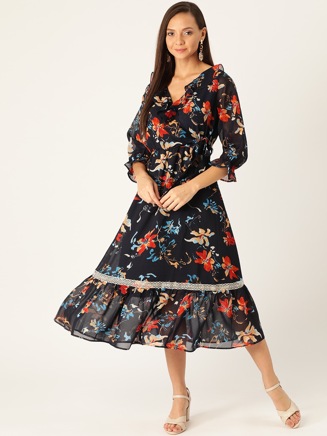 

Antheaa Women Navy Blue & Red Floral Print Wrap Dress