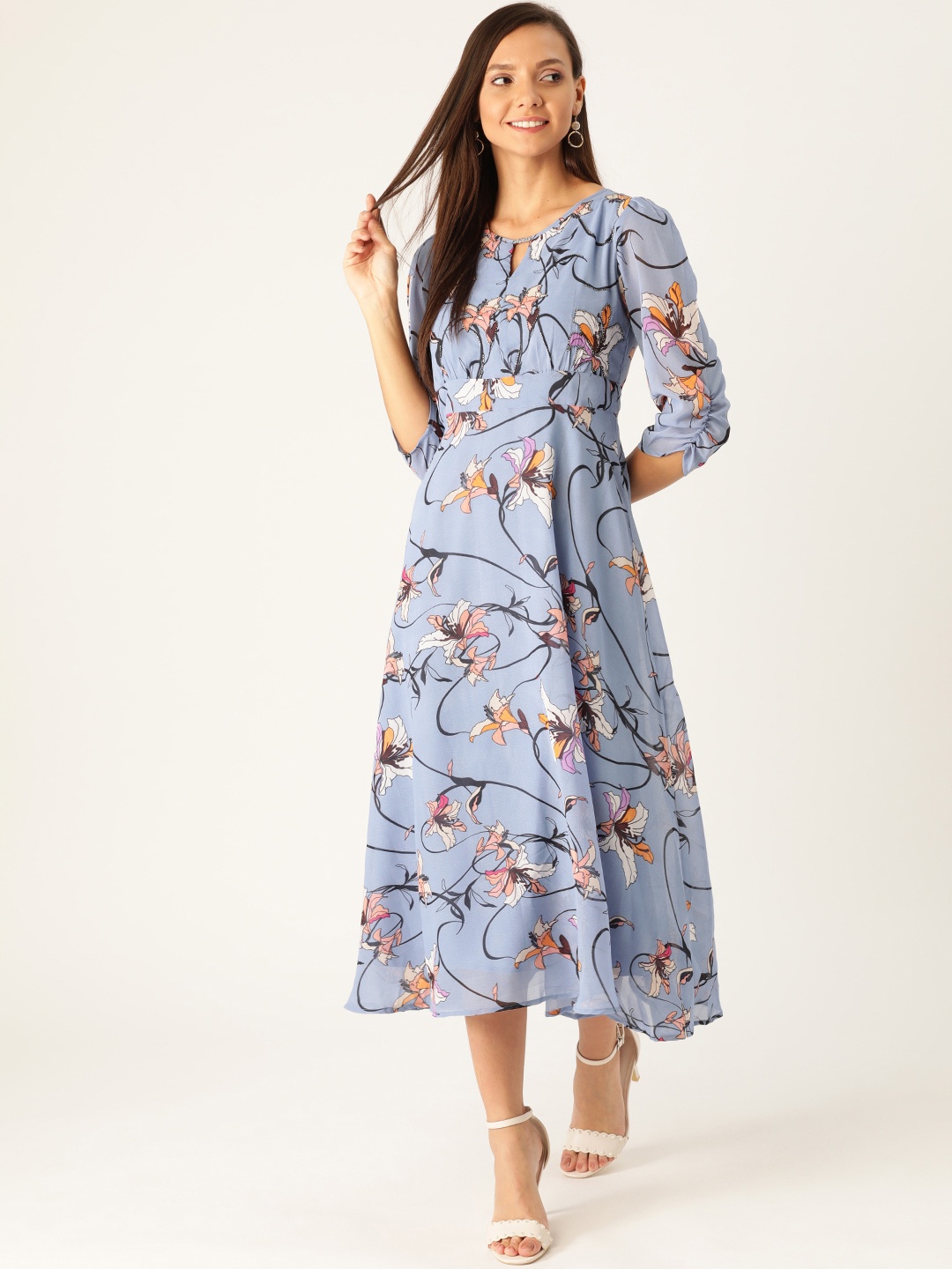 

Antheaa Women Blue & Peach-Coloured Floral Print A-Line Dress