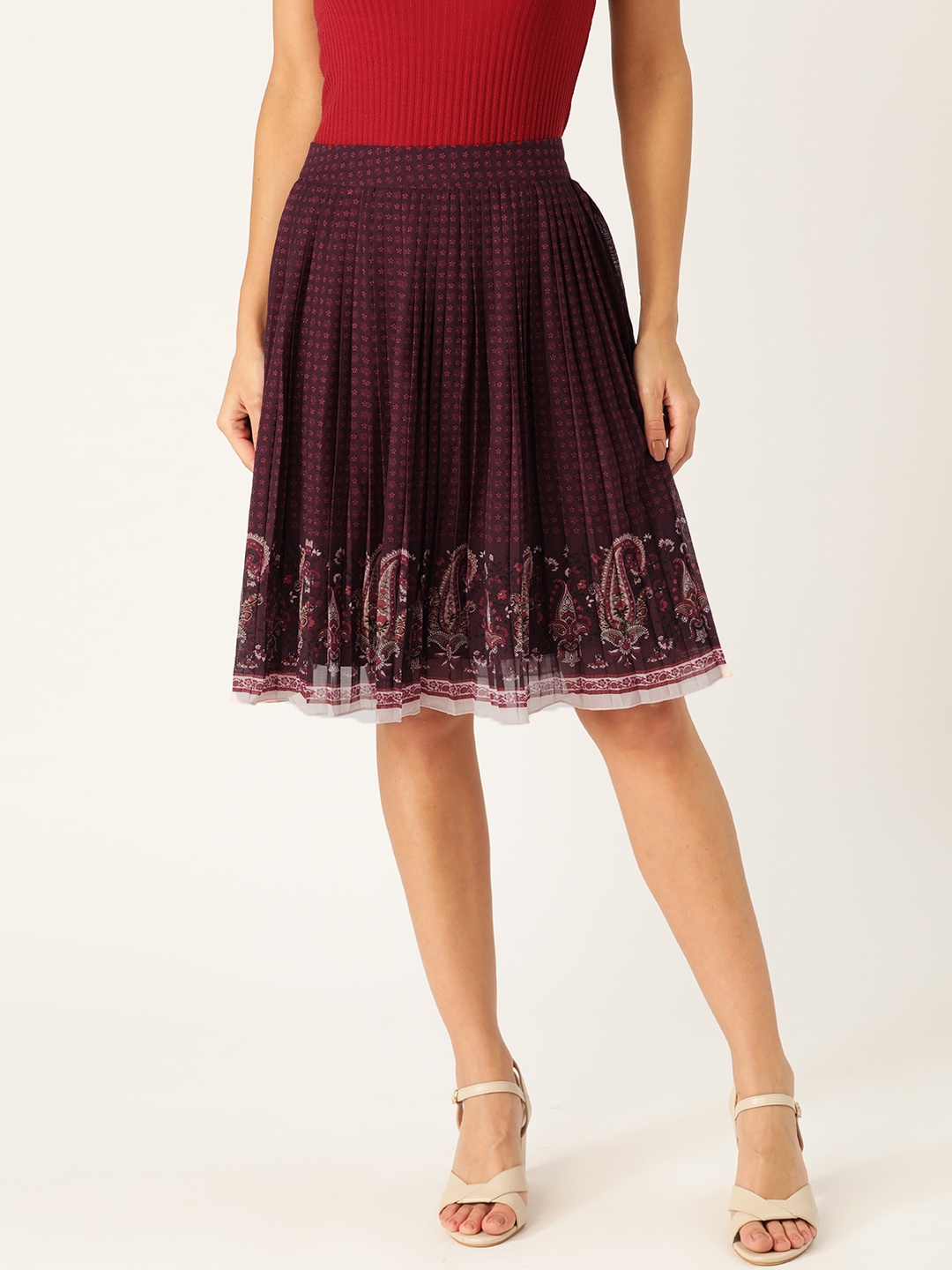 

Antheaa Women Wine-Coloured & Red Floral Printed Accordion Pleated A-Line Skirt, Burgundy