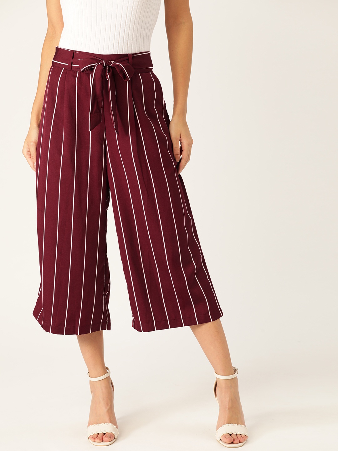 

Antheaa Women Maroon & Off-White Loose Fit Striped Culottes