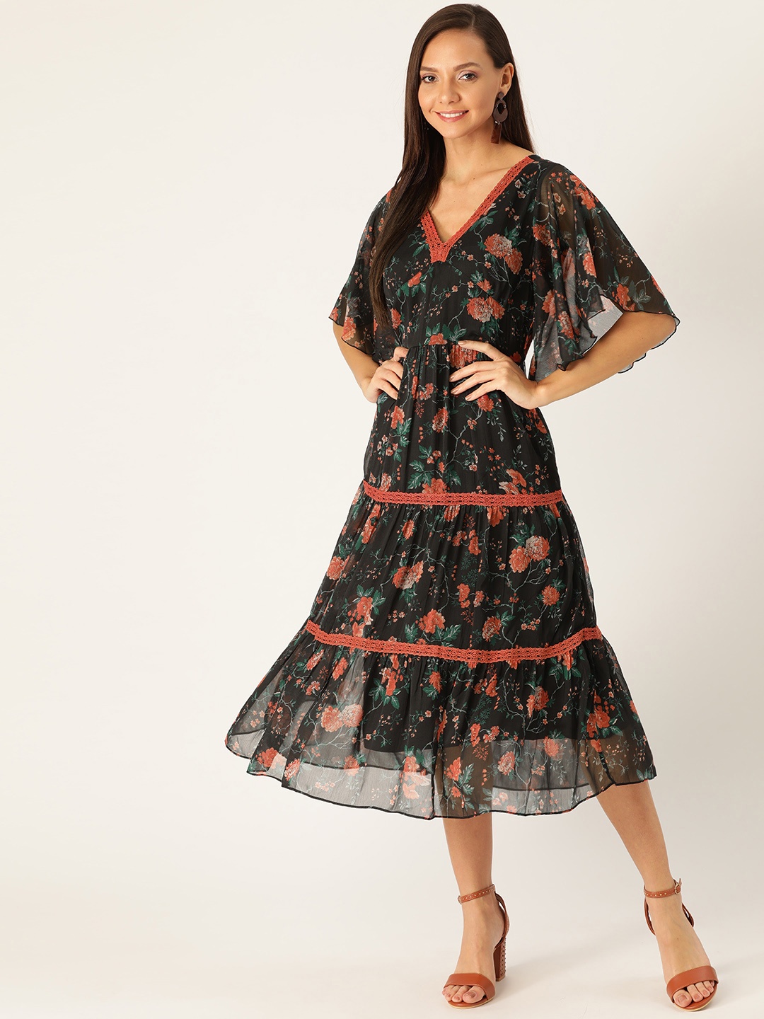 

Antheaa Women Black & Peach-Coloured Floral Print Tiered A-Line Dress