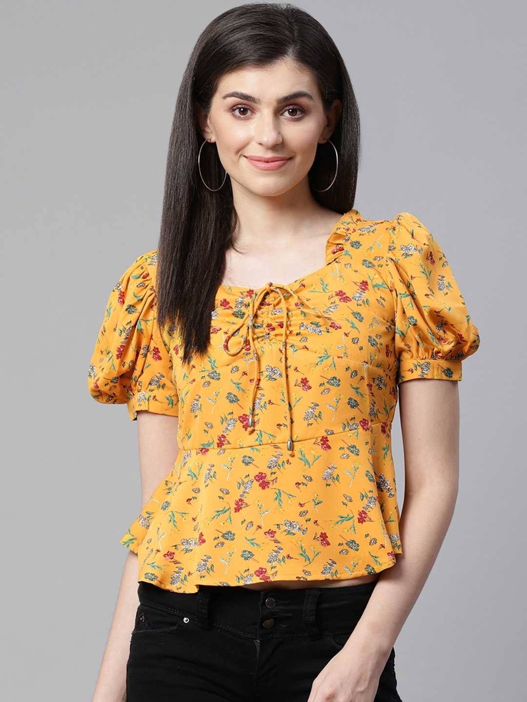 

STREET 9 Women Mustard Yellow & Green Floral Print A-Line Top