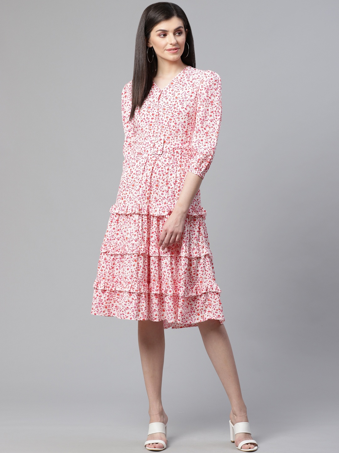 

STREET 9 Women Off-White & Pink Floral Print Tiered A-Line Dress