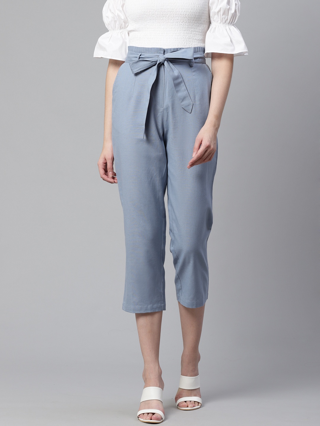 

STREET 9 Women Blue Regular Fit Solid 3/4th Peg Trousers