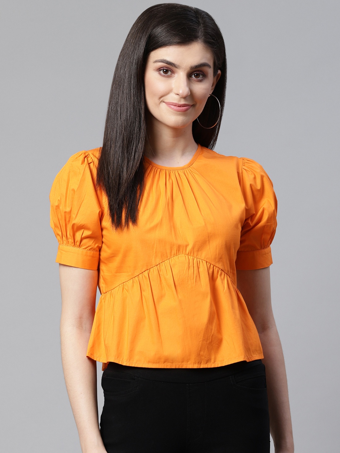 

STREET 9 Women Orange Solid A-Line Pure Cotton Top