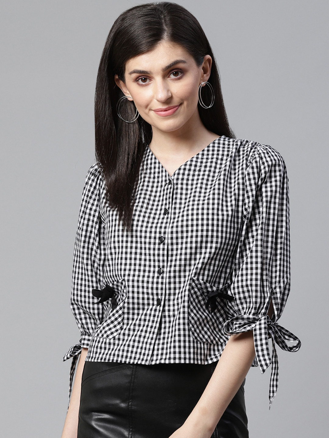 

STREET 9 Women Black & White Pocket Detail Checked Pure Cotton Top