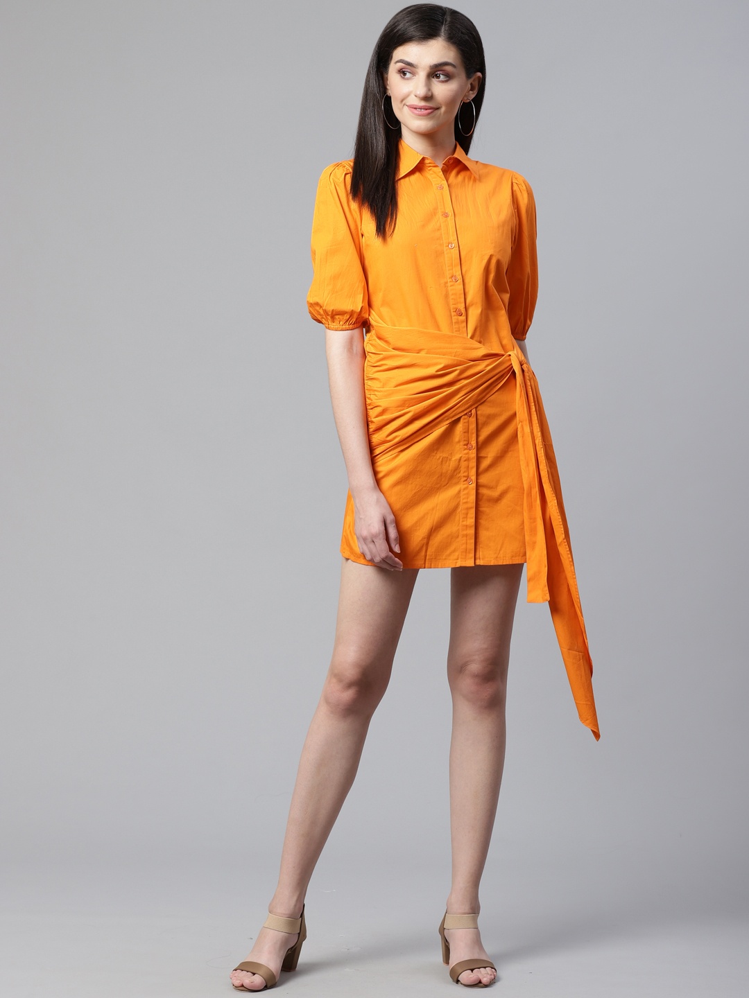 

STREET 9 Women Orange Solid Knot Detail Shirt Dress