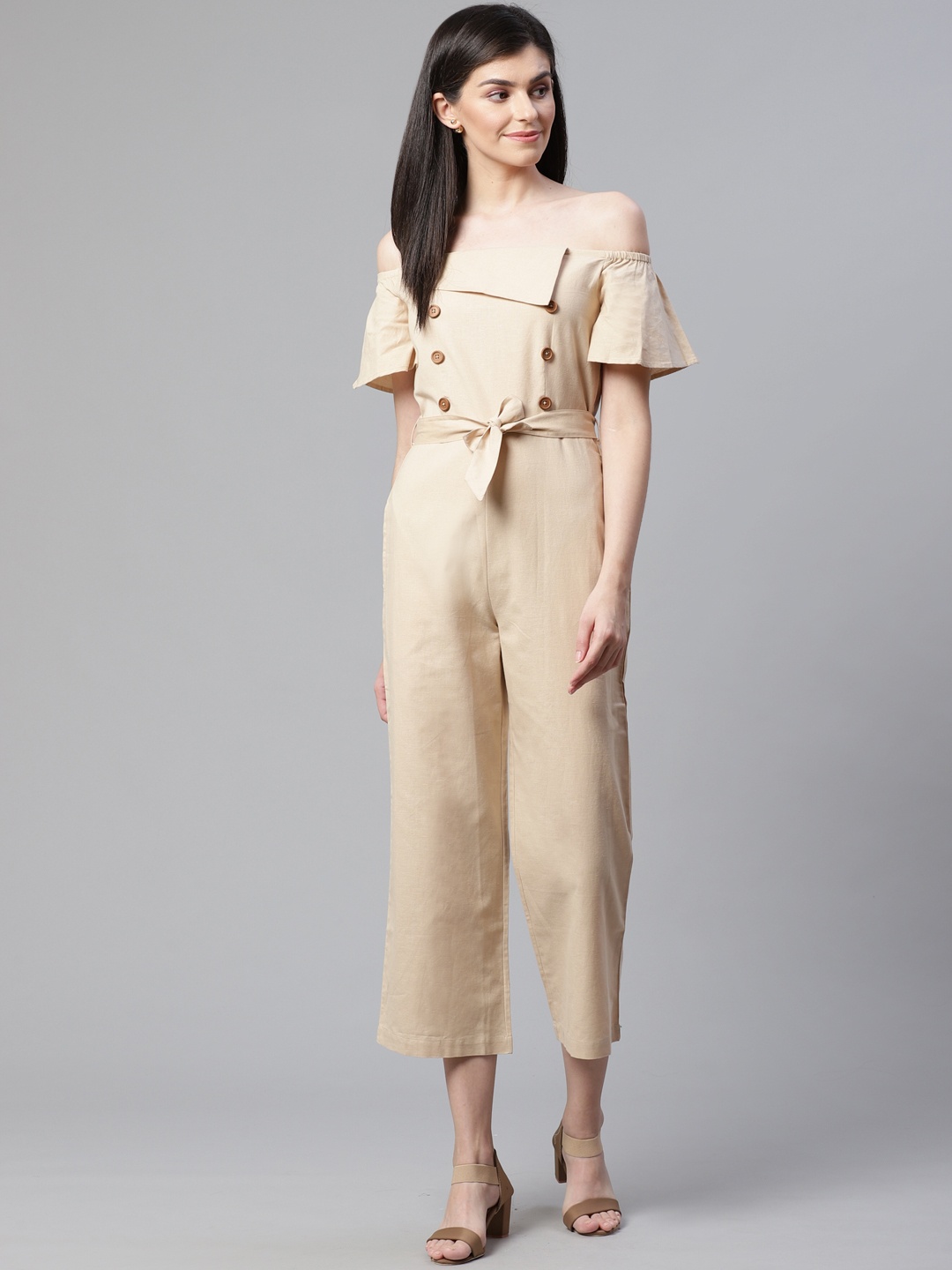 

STREET 9 Women Beige Solid Cropped Basic Jumpsuit