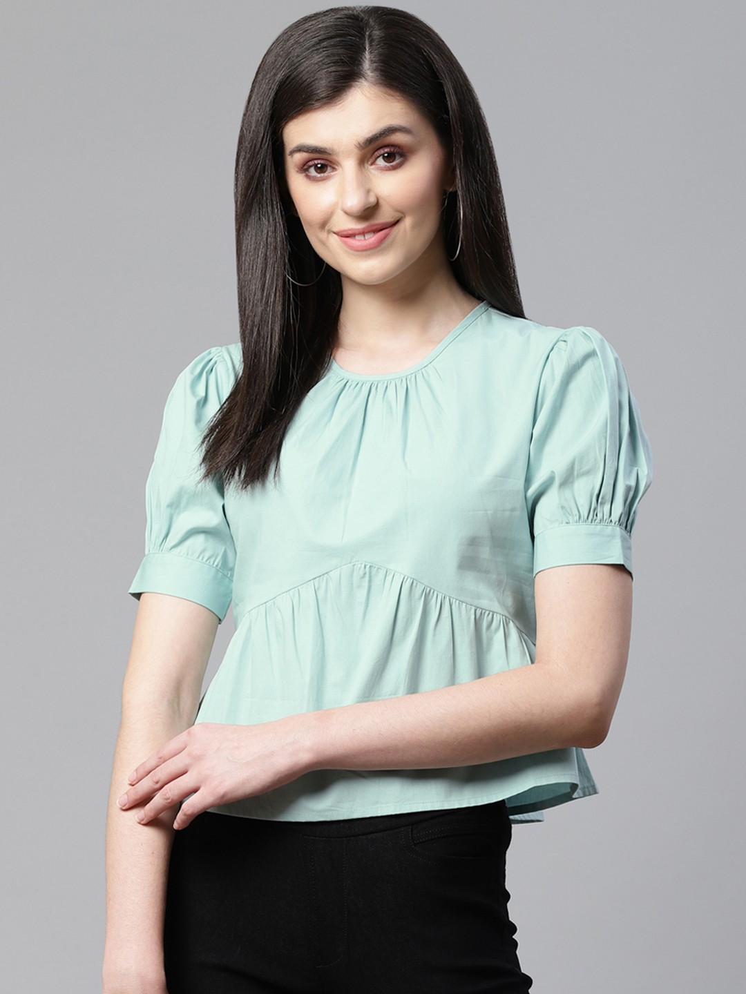 

STREET 9 Women Mint Green Solid A-Line Pure Cotton Top