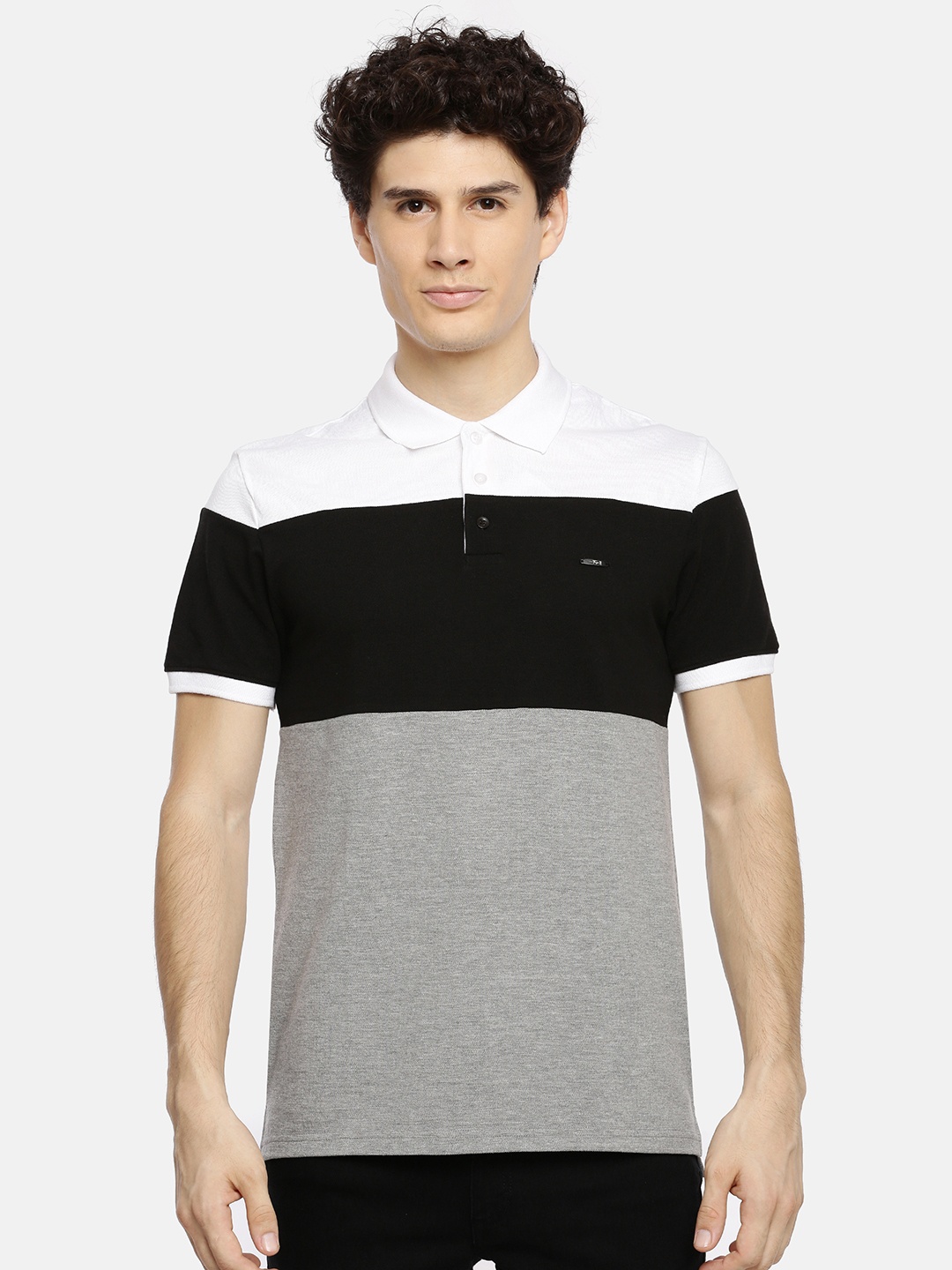 

The Indian Garage Co Men Grey Black Colourblocked Polo Collar Pure Cotton T-shirt