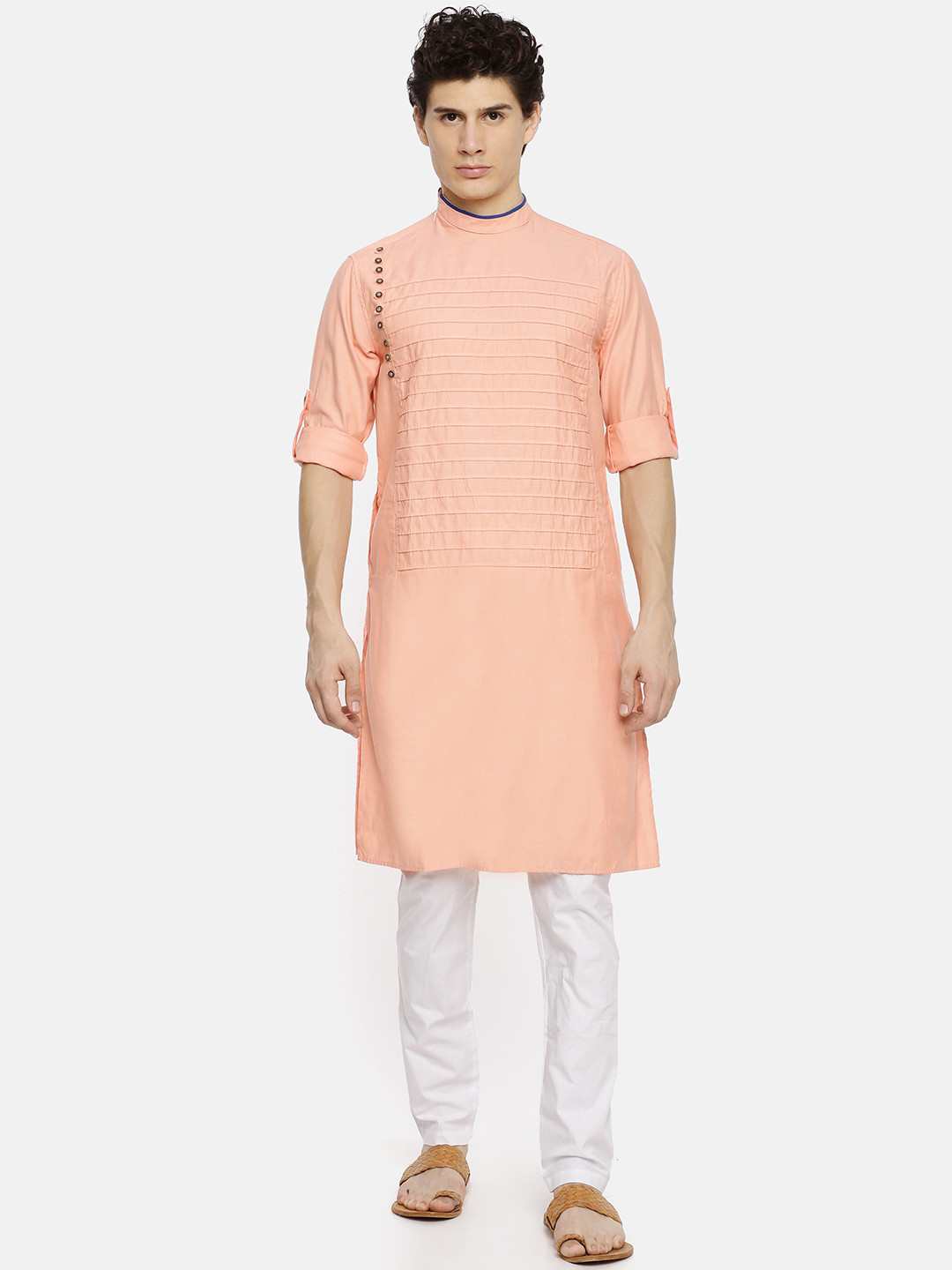 

Freehand Men Orange & White Solid Straight Kurta