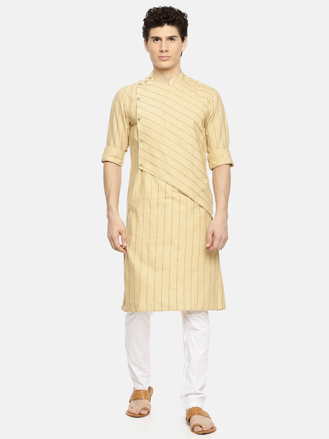 

Freehand Men Beige Striped Straight Kurta