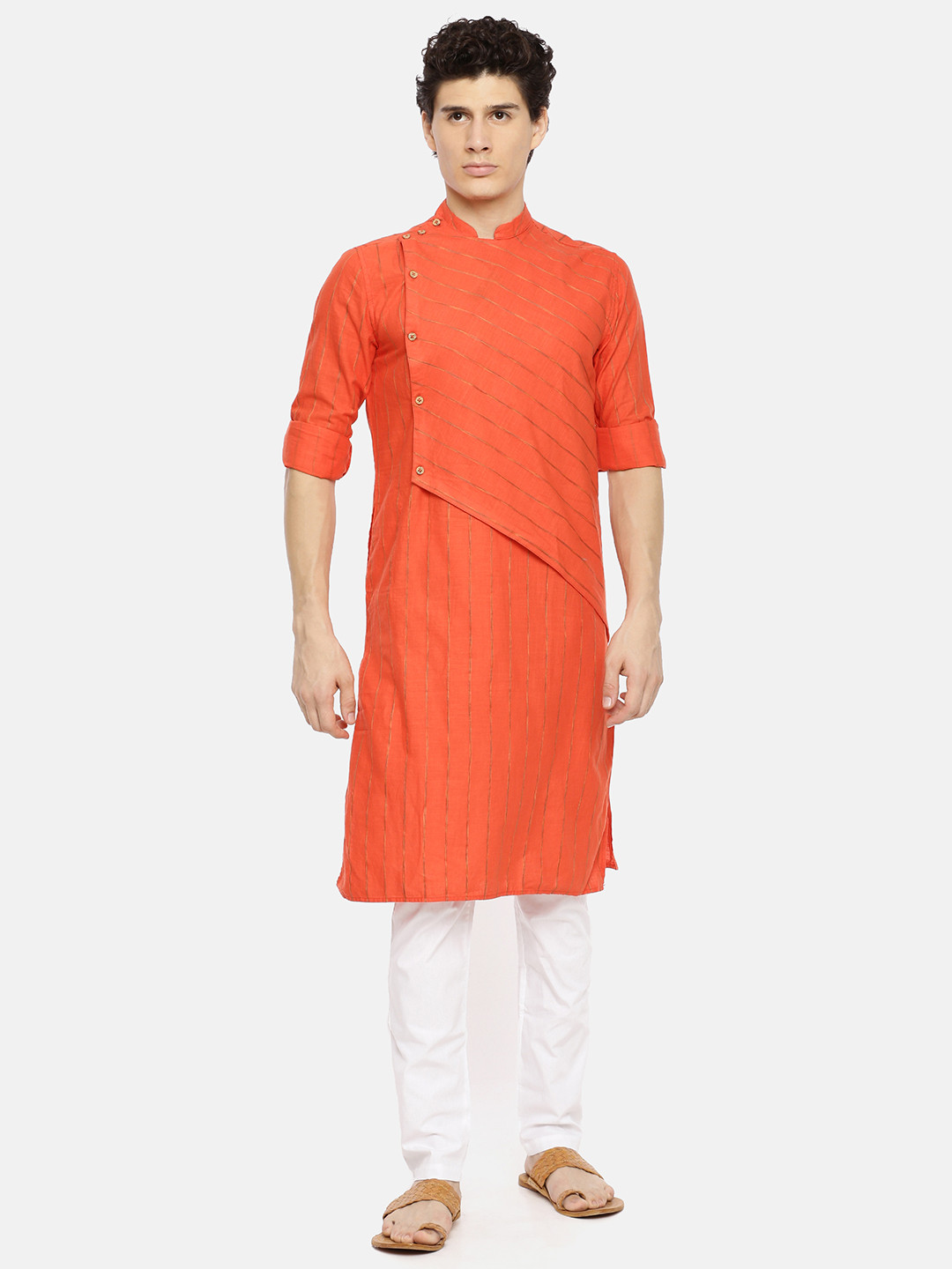 

Freehand Men Orange Striped Straight Layered Kurta