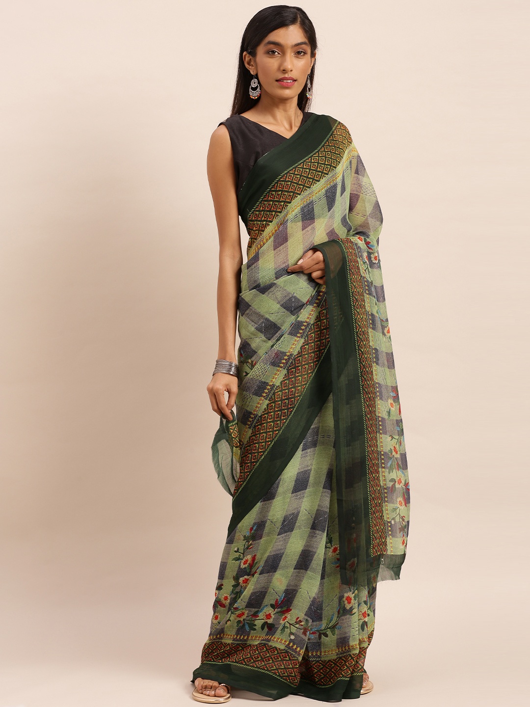 

KALINI Green & Black Pure Chiffon Checked Saree