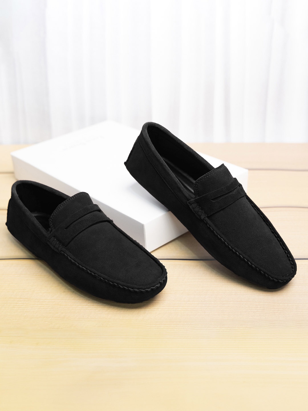 

Louis Stitch Men Obsidian Black Italian Suede Leather Handmade Driving Loafers