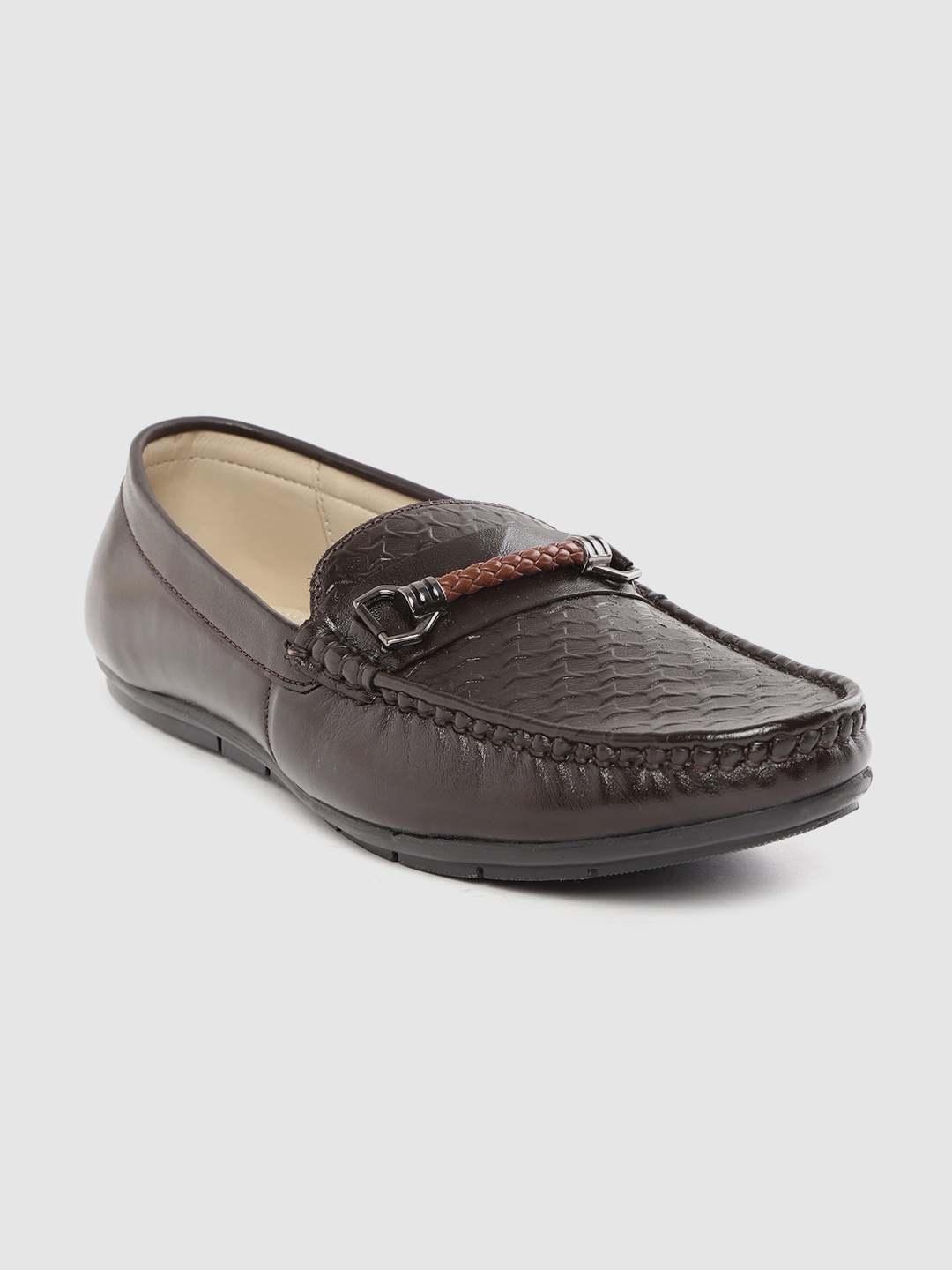 

LOUIS STITCH Men Coffee Brown Textured Leather Handmade Horsebit Loafers