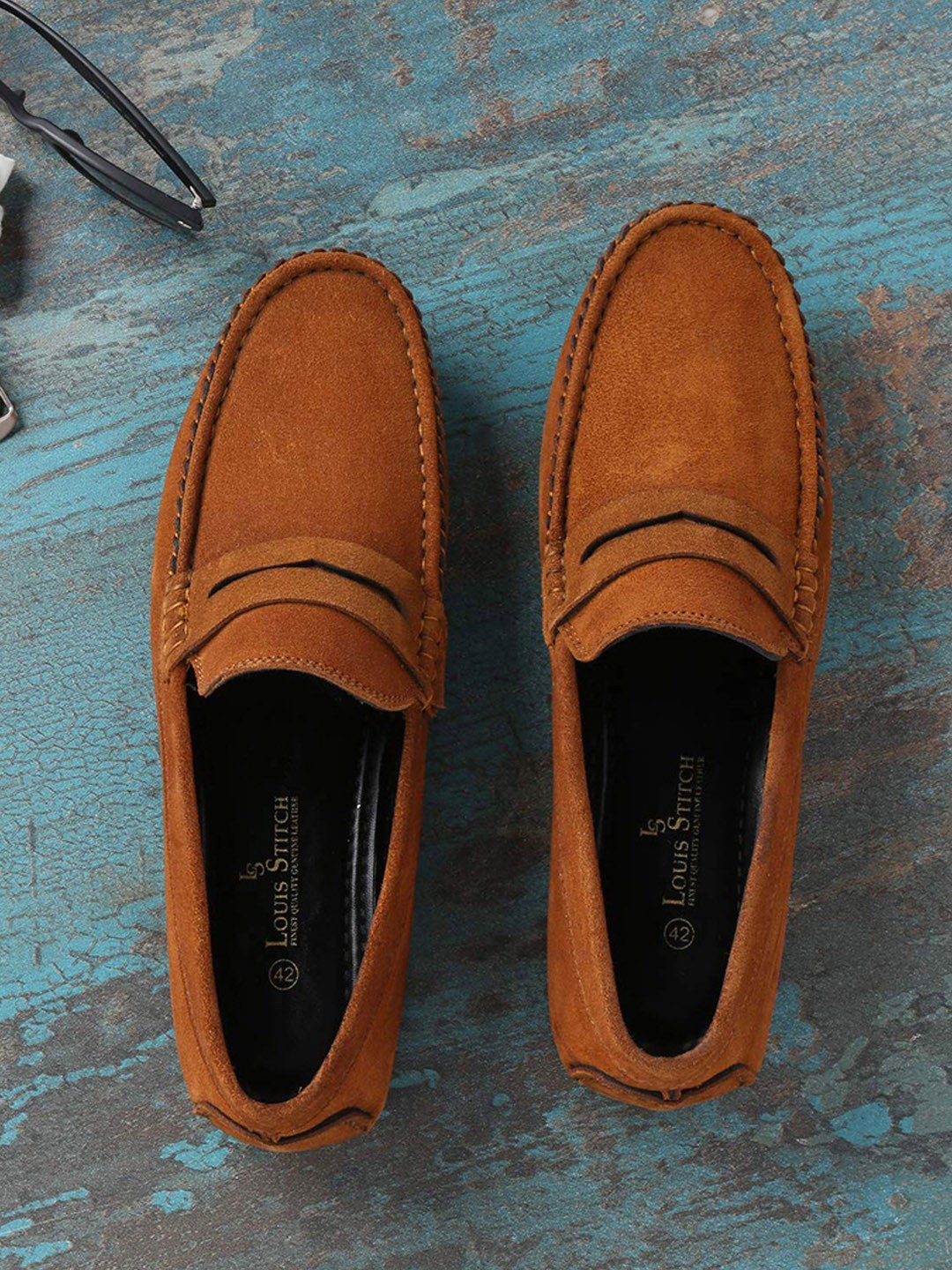 

LOUIS STITCH Men Classic Handmade Suede Driving Loafers, Tan