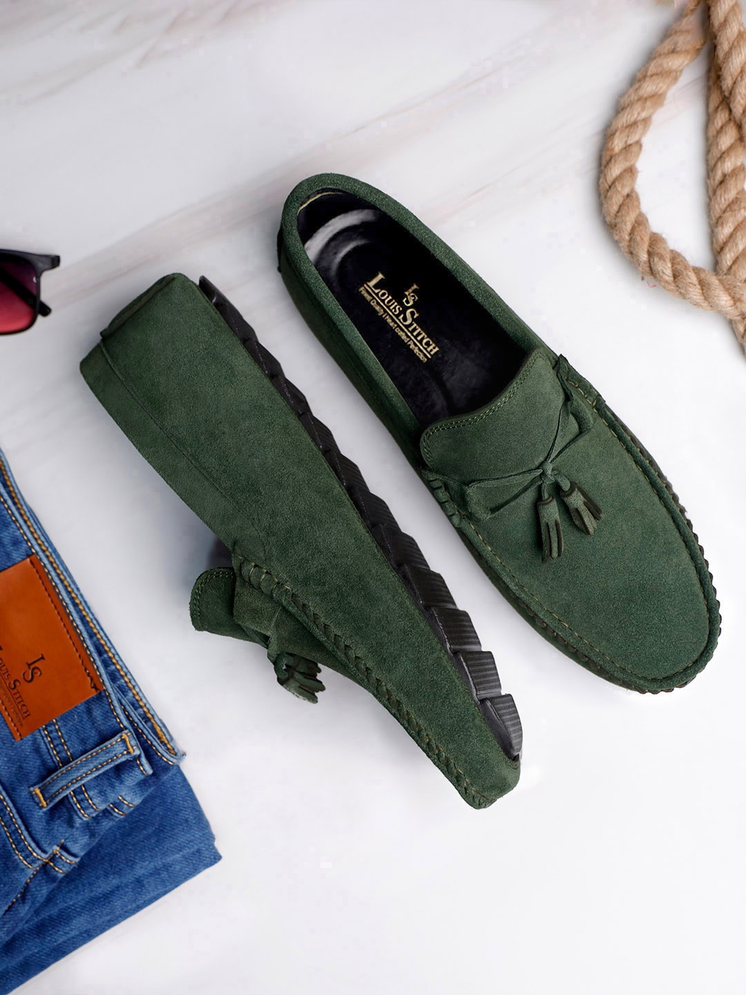 

Louis Stitch Men Seaweed Green Italian Suede Leather Handmade Driving Tassel Loafers, Olive