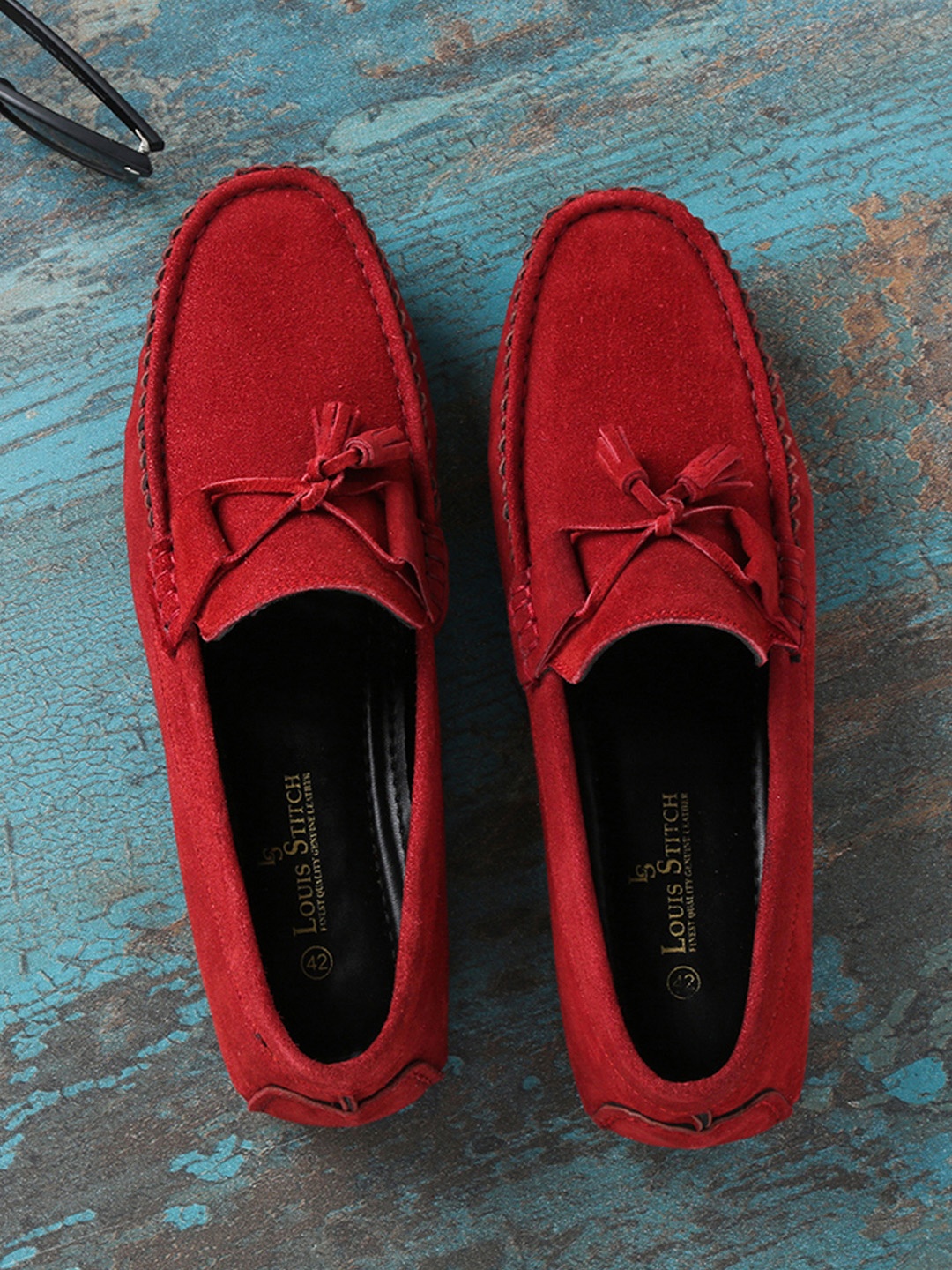 

Louis Stitch Men Ferrari Red Italian Suede Leather Handmade Driving Tassel Loafers