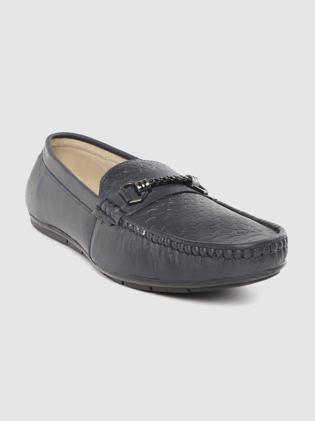 

LOUIS STITCH Men Navy Blue Textured Handmade Leather Horsebit Loafers
