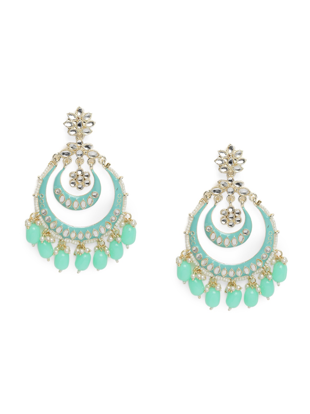 

LAIDA Sea Green & Gold-Plated Crescent Shaped Kundan Embellished Chandbalis