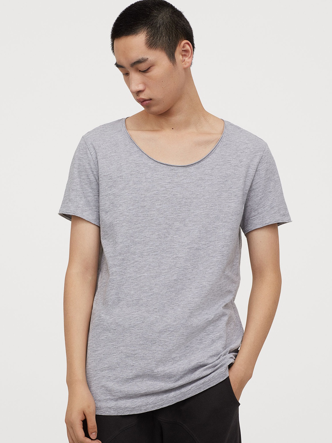 

HM Men Grey Raw-edge Pure Cotton T-shirt