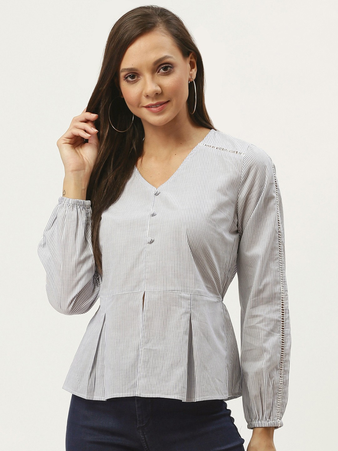 

Carlton London Women Blue & White Pinstriped A-Line Pure Cotton Top