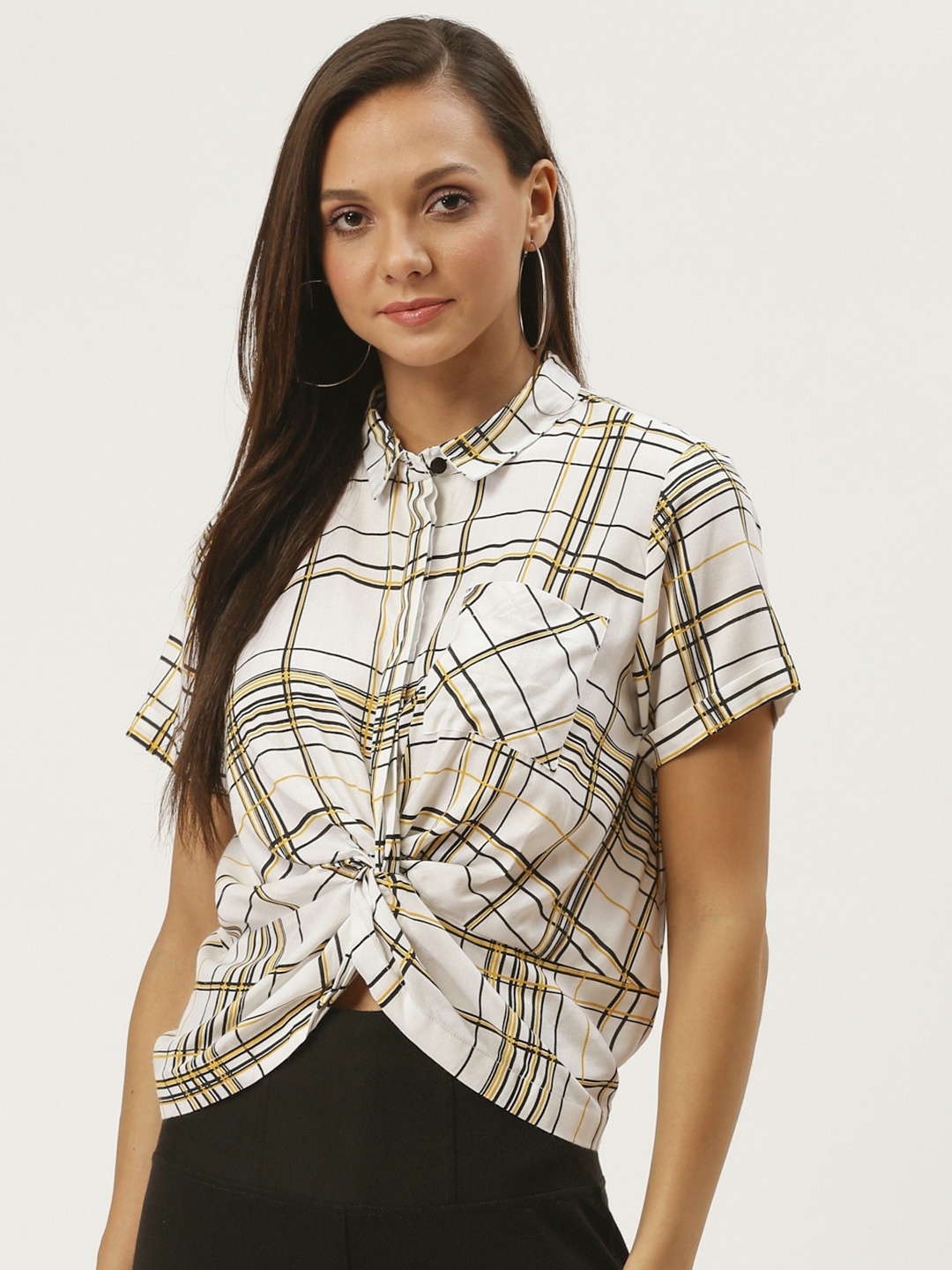 

Carlton London Women White & Black Checked Shirt Style Top