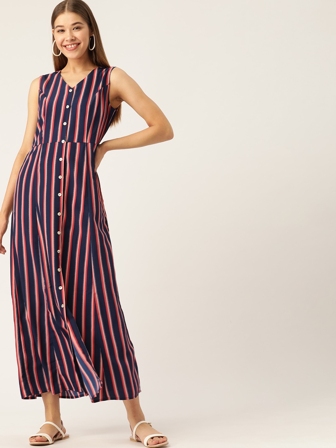 

DressBerry Women Navy Blue & Pink Striped Maxi Dress