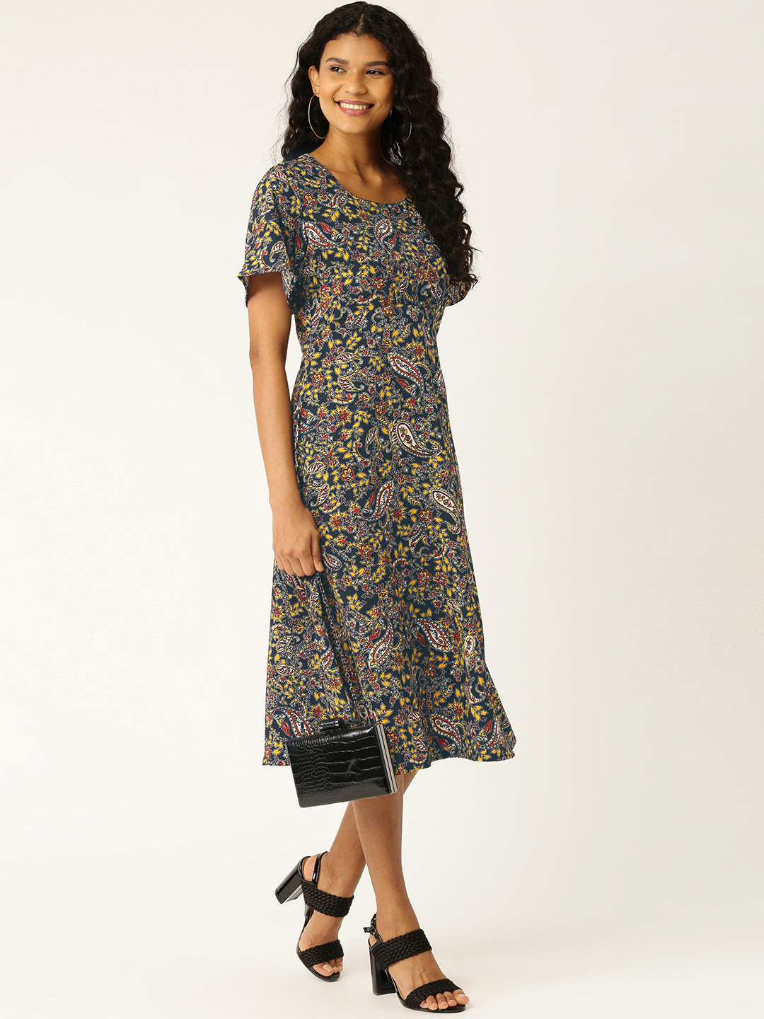 

DressBerry Women Navy Blue & Mustard Yellow Printed A-Line Dress