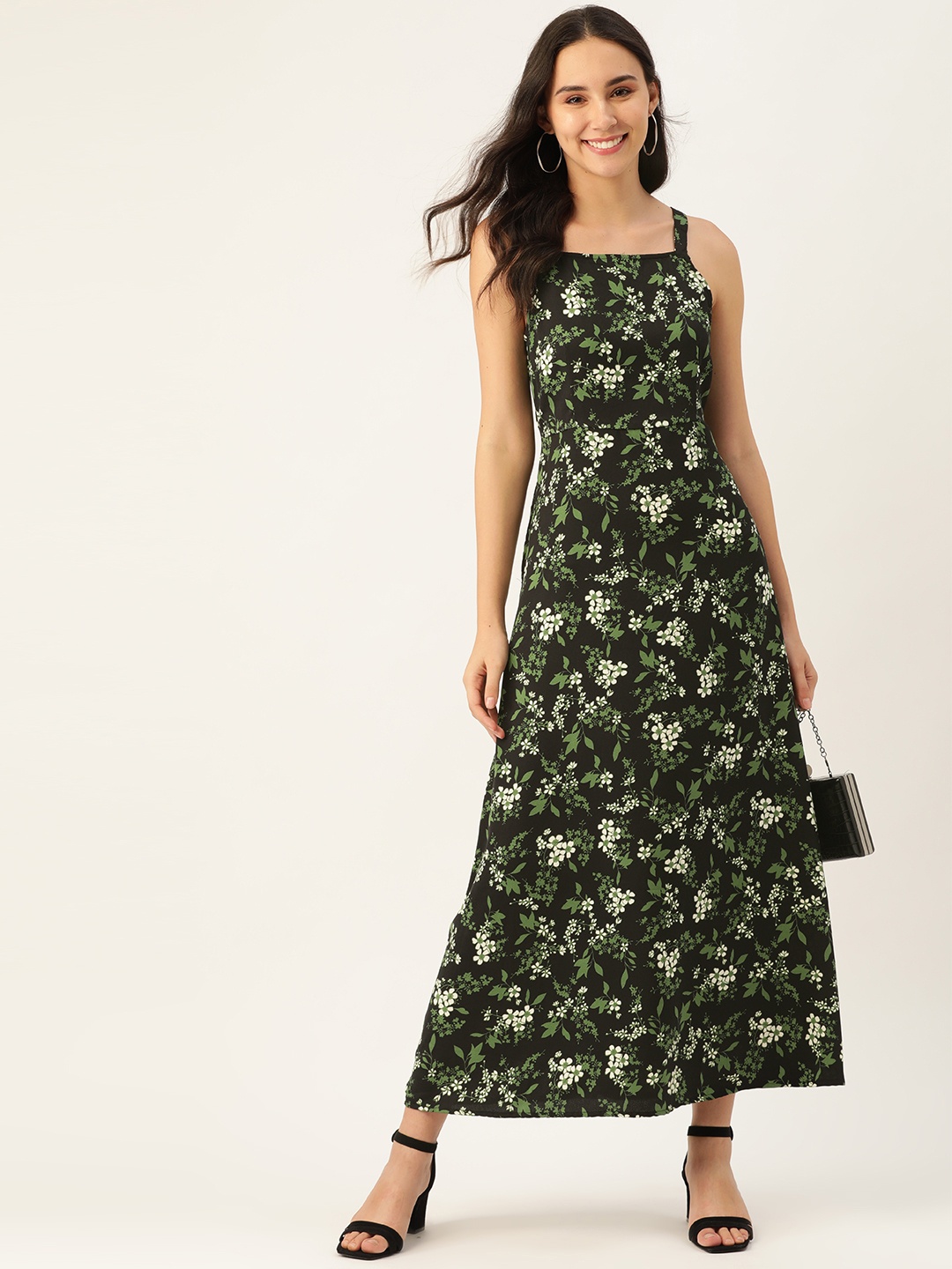 

DressBerry Women Black & White Floral Print Maxi Tiered Dress