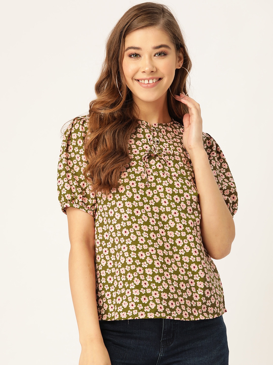 

DressBerry Women Olive Green & Pink Floral Print Top