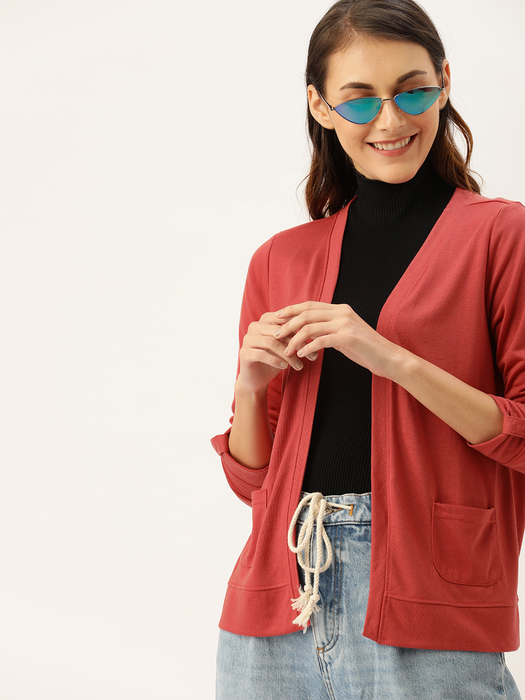 

DressBerry Women Rust Red Solid Open Front Shrug